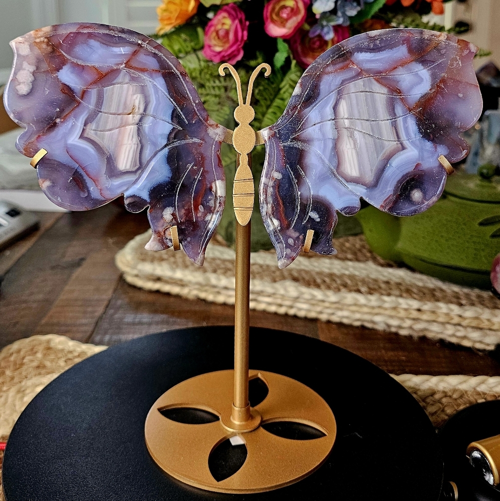 Gorgeous And Vibrant Blue Flower Agate Wings! 8.6" X 8.0" With Stand, Nice Size!